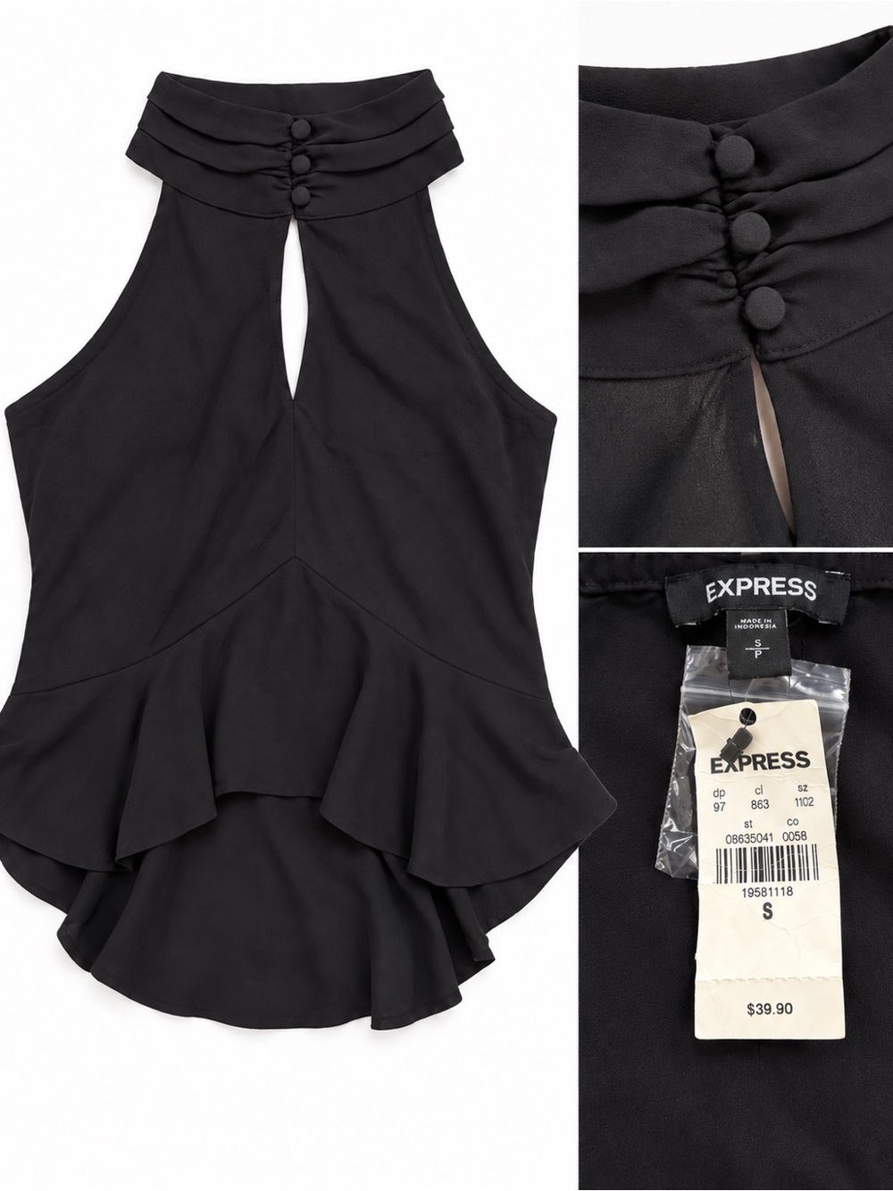 Express Black Halter Keyhole Ruffle Peplum Top NWT
